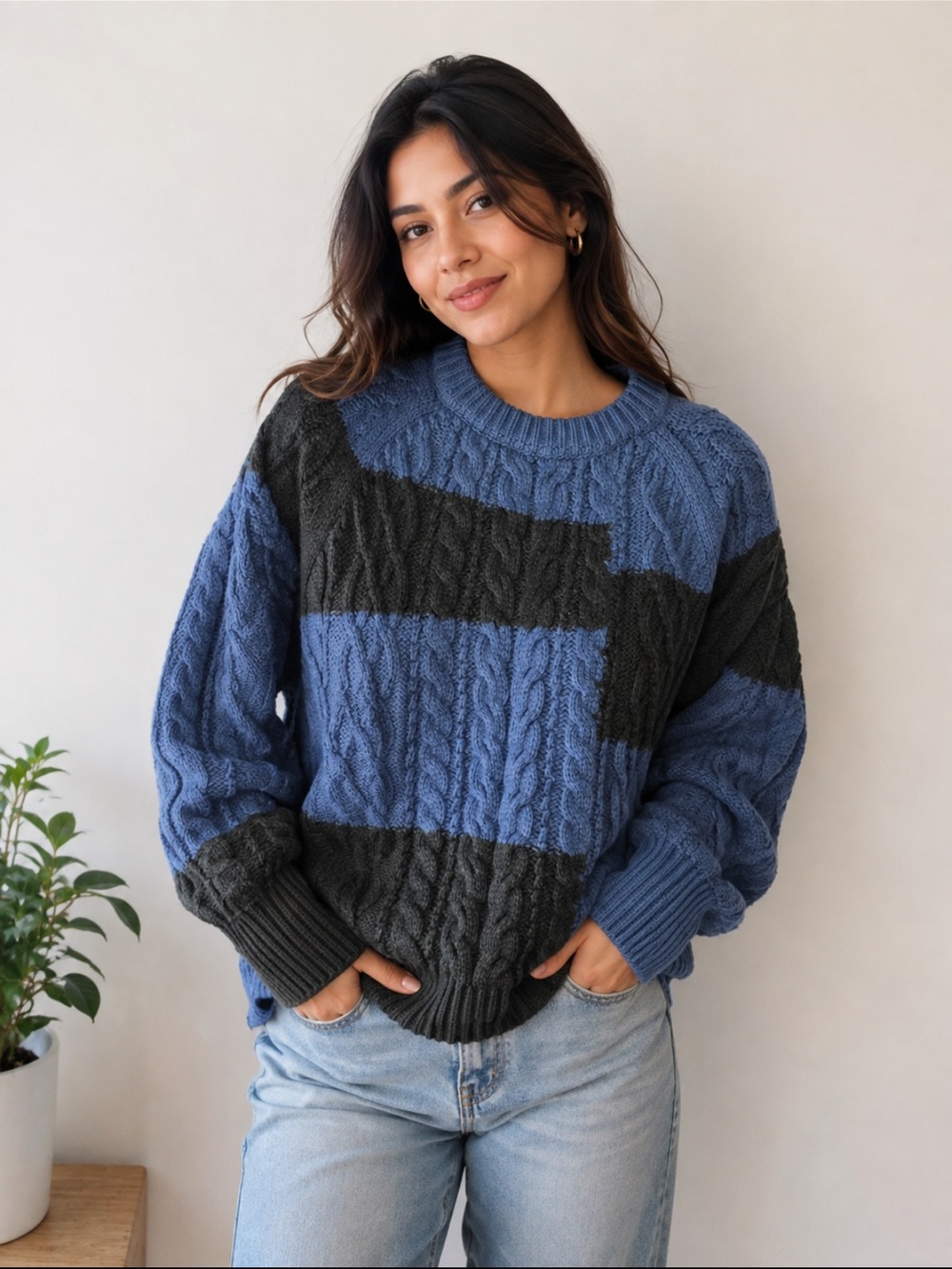 Tuckernuck Colorblock Cable Knit Sweater Blue Black M